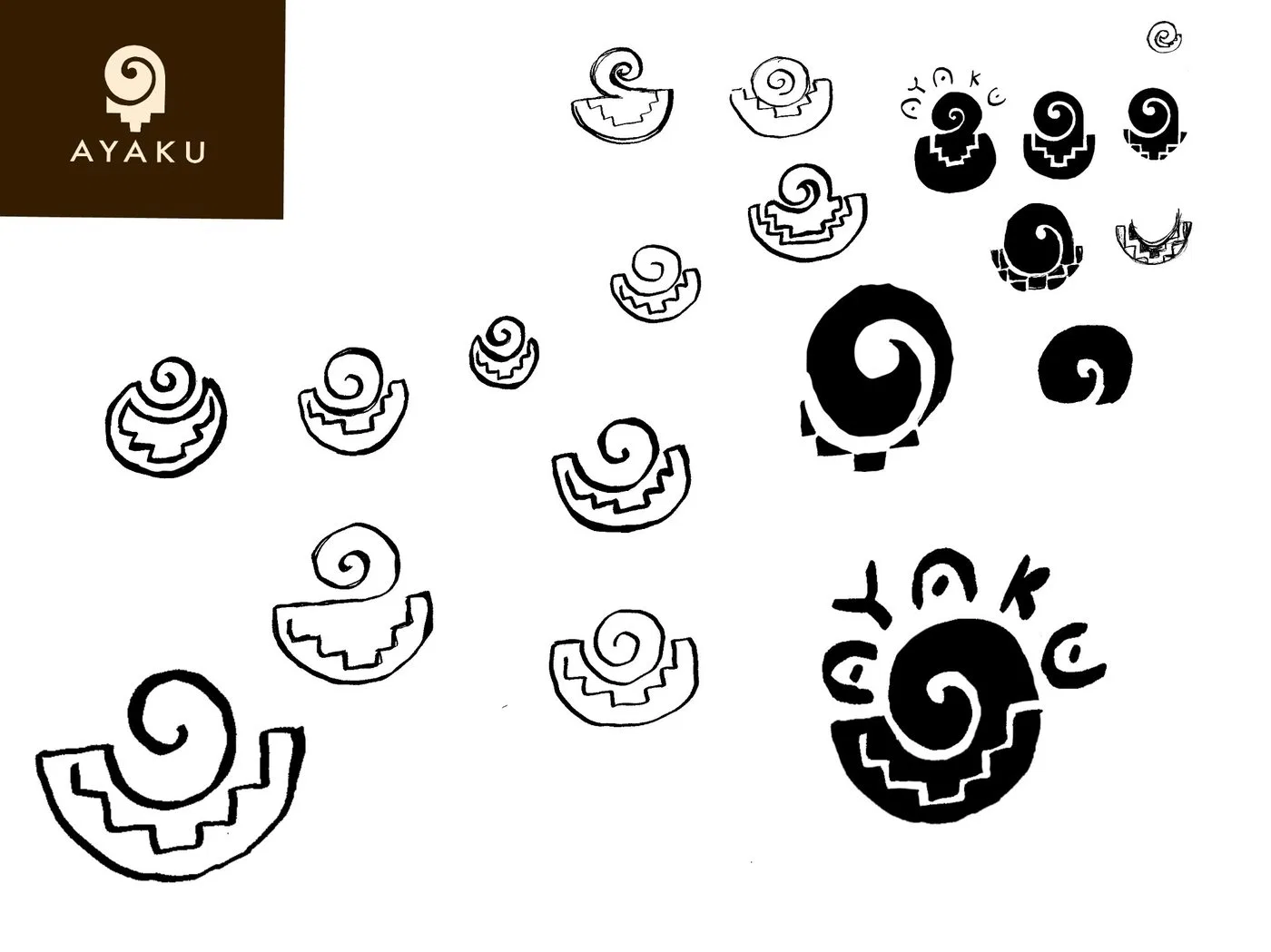 Sketch page of bowls with stepped patterns and spirals rising from them, with the earlier route shown in the corner