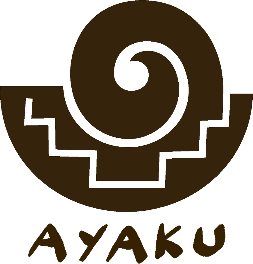 Final Ayaku lockup: a bowl carved with a stepped Chakana pattern, a spiral rising from it, and hand-lettered AYAKU beneath