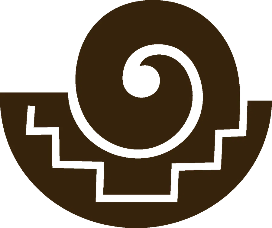 The final mark: a dark bowl with a cream stepped Chakana line carved into it and a spiral rising from its centre