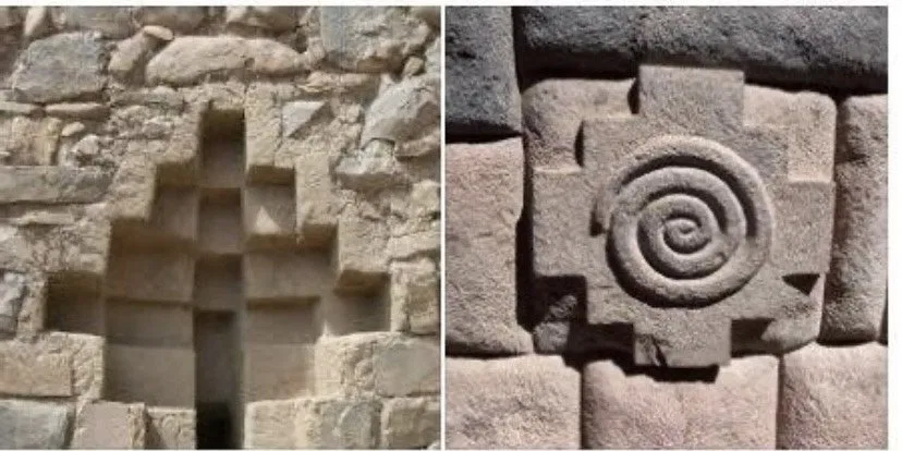 Reference photos: a stepped Chakana niche in a stone wall, and a carved spiral within a Chakana cross