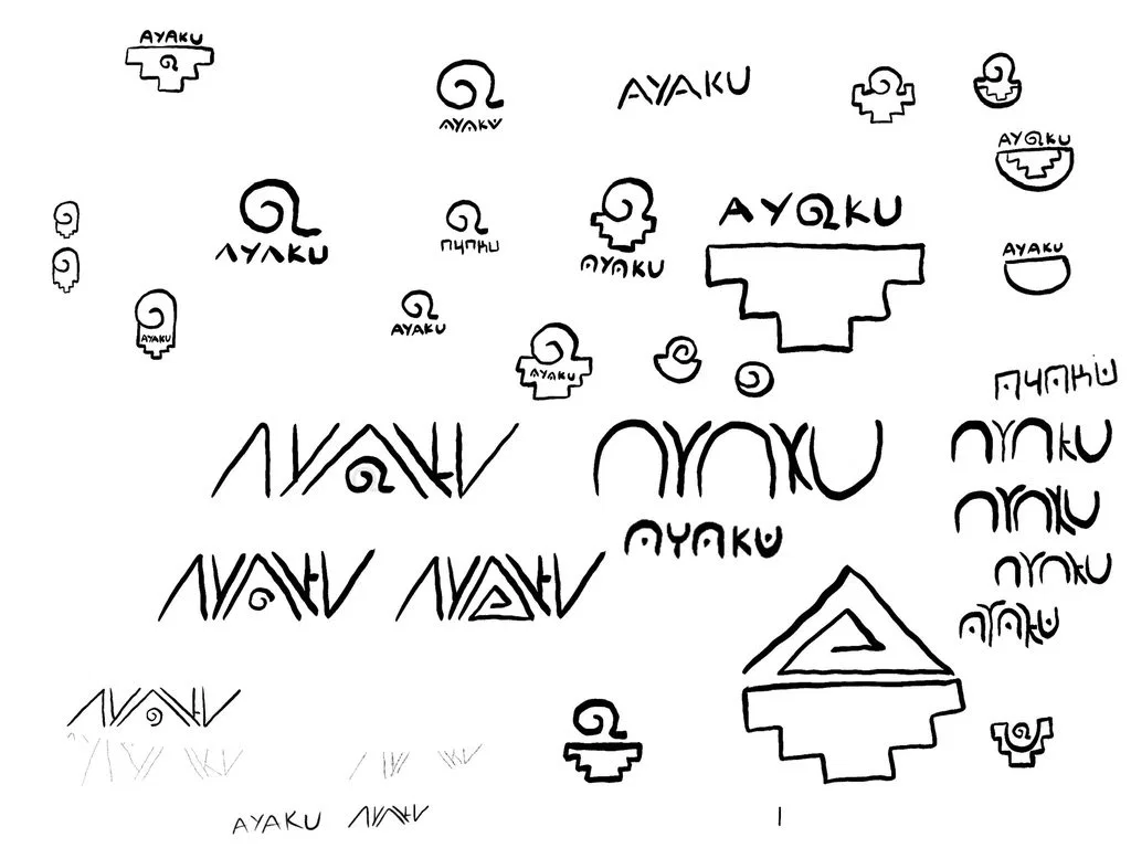 Page of ink sketches exploring spirals, stepped forms, bowls and AYAKU letterforms