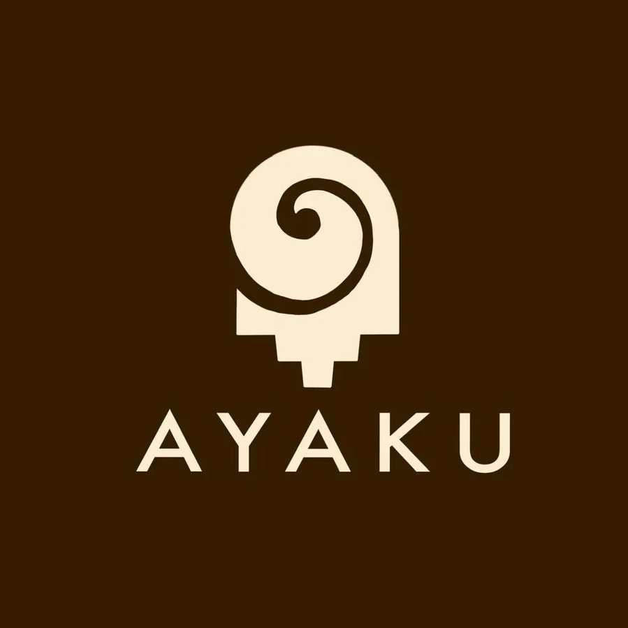 Geometric sans wordmark version: the solid mark and wide-set AYAKU in cream on dark brown