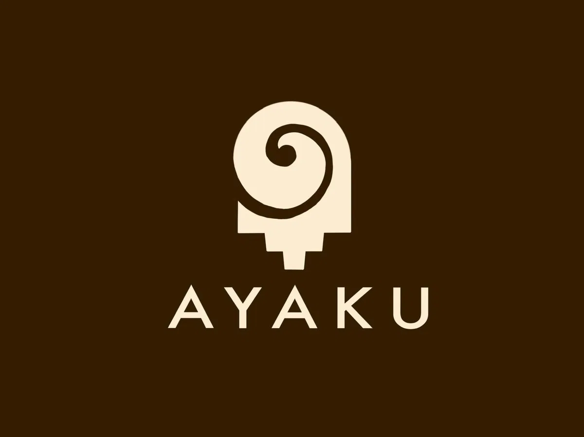 Solid cream mark on dark brown, with a negative-space spiral on a narrowing stepped stem and wide-set sans AYAKU beneath