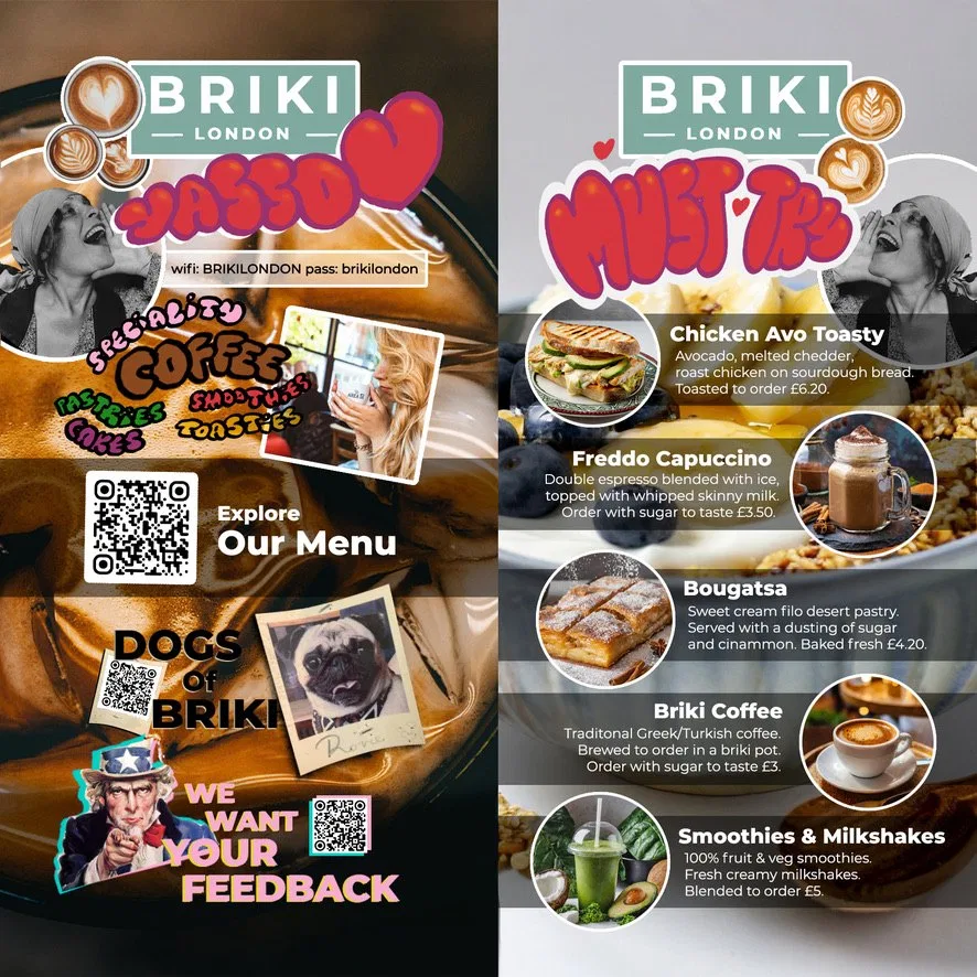 Early playful draft of a Briki table card: a menu QR code, wifi details, Dogs of Briki and must-try items