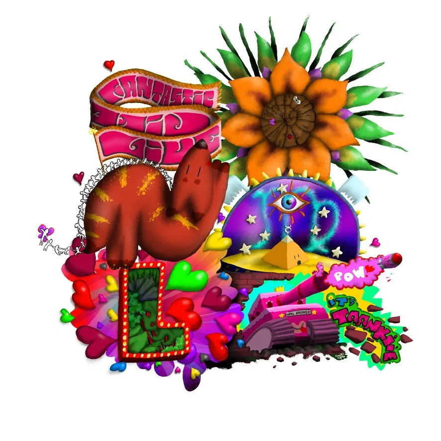 SONAL in object letters: a flower, a tank and a heart-covered L
