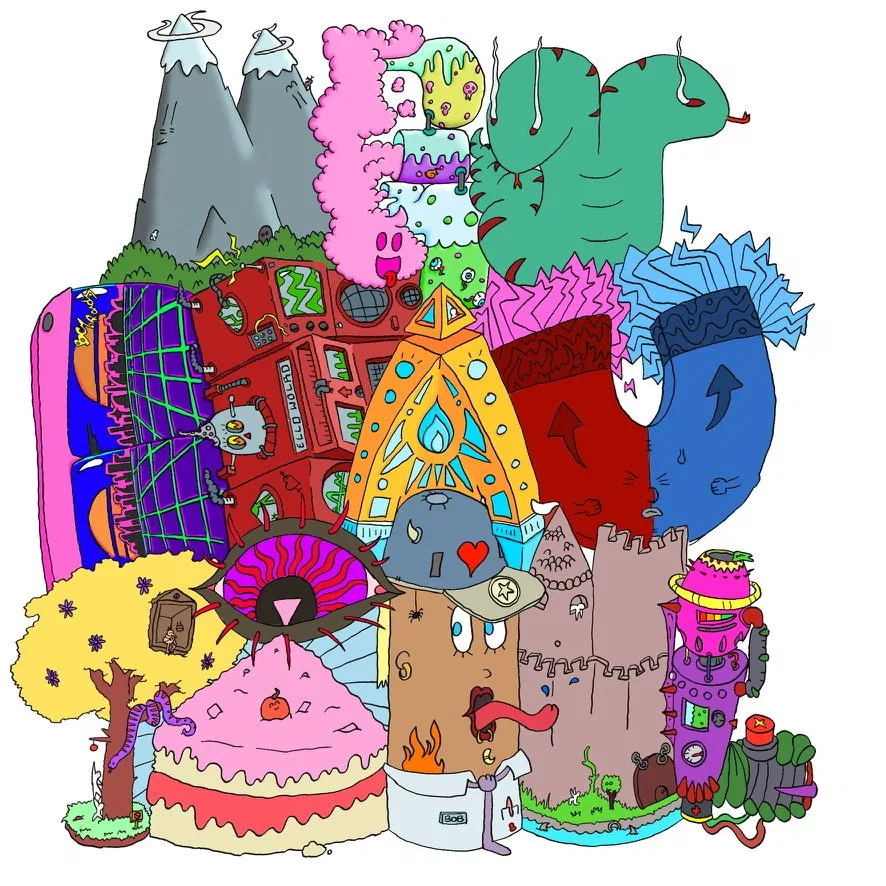 HEY BEAUTIFUL in dense object letters: mountains, cake, a castle and a robot