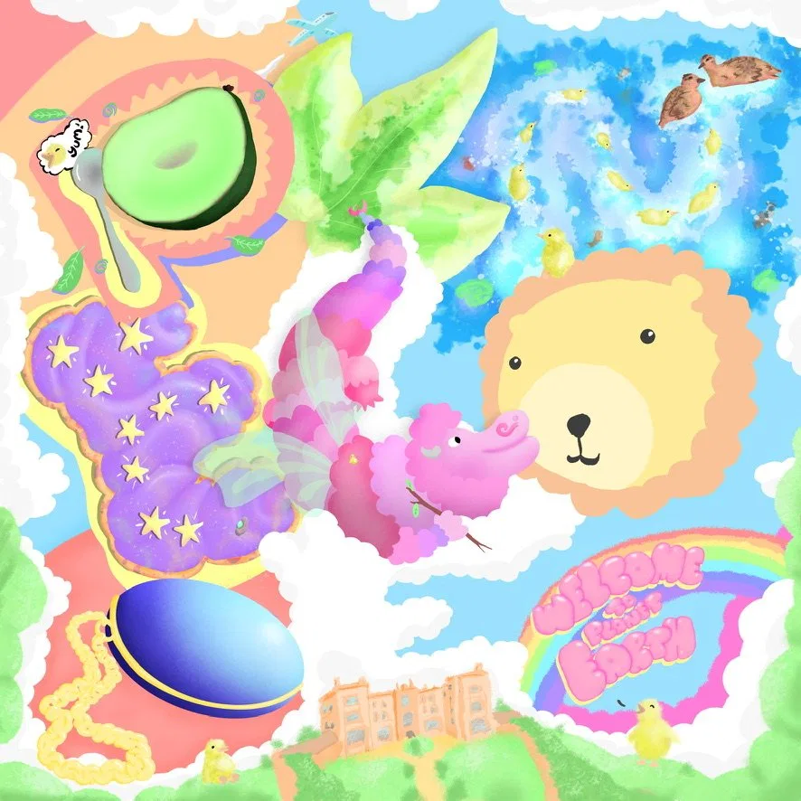 Penelope: a pastel name painting with clouds, a lion, ducks and a rainbow