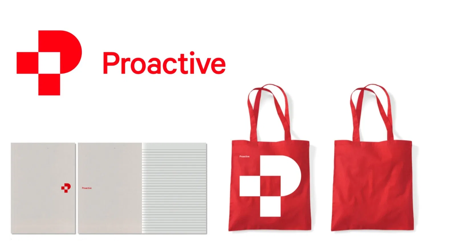 The Proactive logo, notebooks and Lucky P tote bags