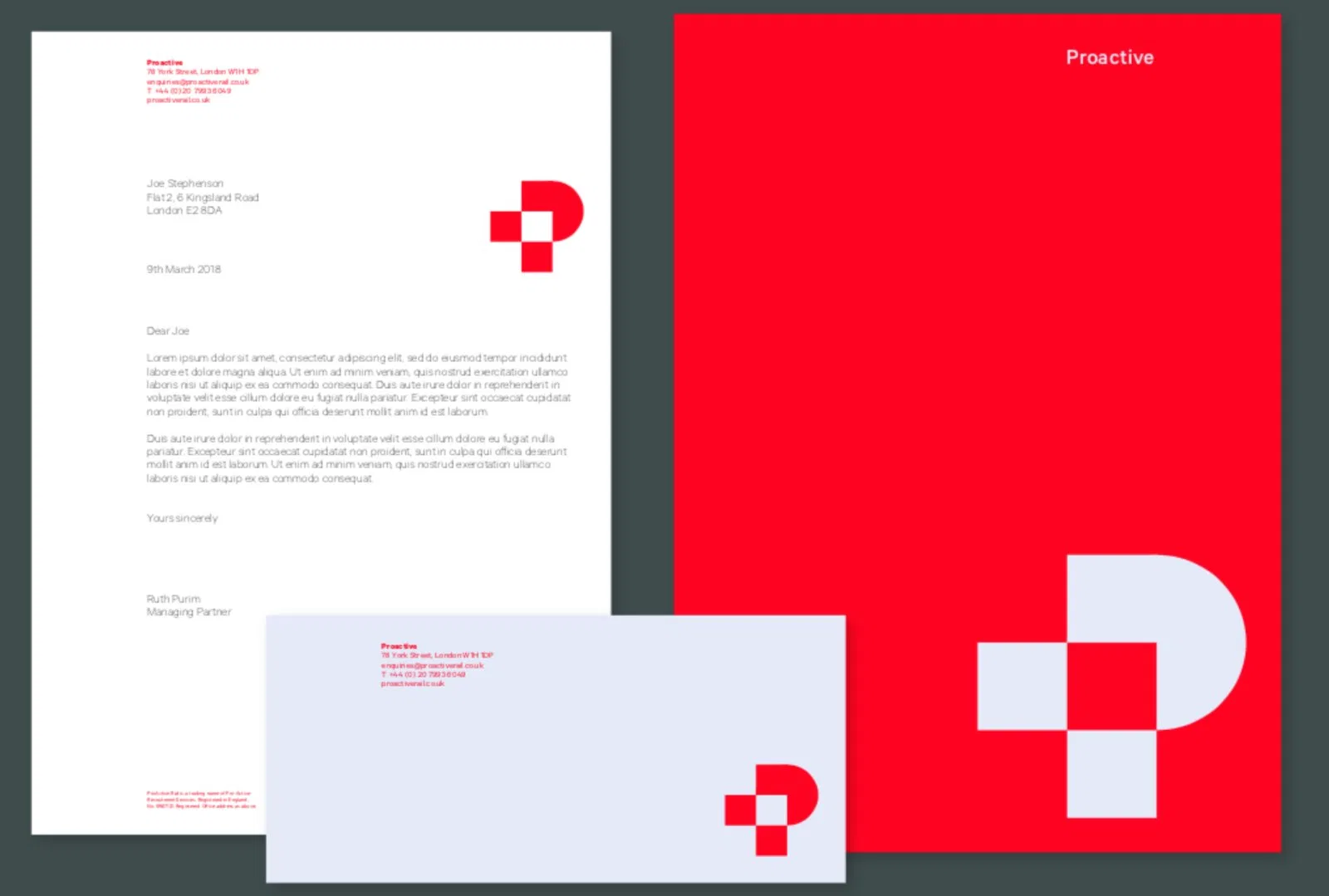 Proactive letterhead, envelope and folder with the Lucky P