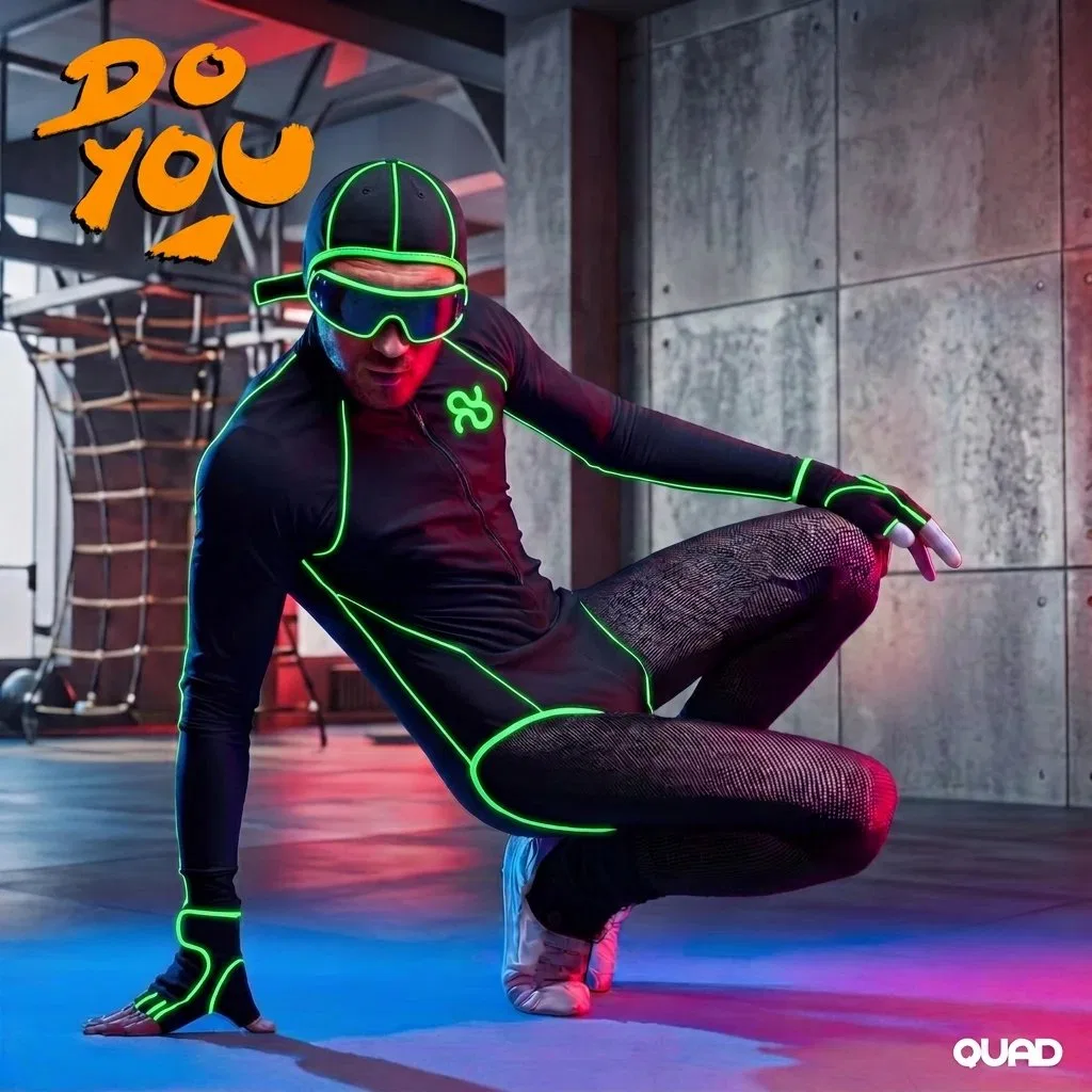 A QUAD athlete crouching in black kit with glowing green trim, an orange DO YOU in the corner