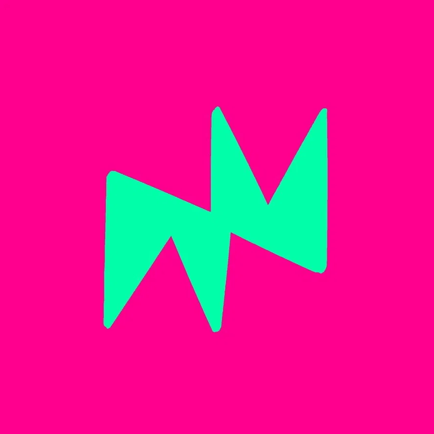 The first, angular mark in mint on magenta