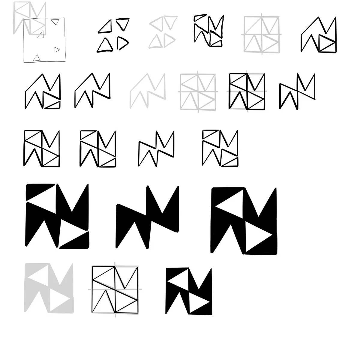 Sketch page developing the first, angular QUAD mark from triangles, outline to solid