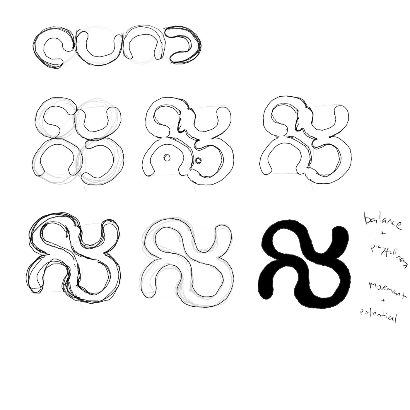 Sketch page developing the QUAD mark from the letters Q, U, A, D: balance and playfulness, movement and potential